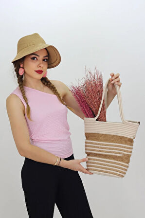 Jutty Çizgili Halat Örgü Plaj Çantası - Nötr Renk Şeritli Büyük Boy Yazlık Tote