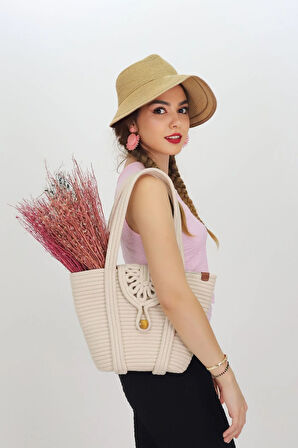 Jutty Krem Makrome Kapaklı Halat Çanta - Bej Bohem Yazlık El ve Omuz Tote