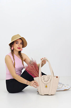 Jutty Krem Makrome Kapaklı Halat Çanta - Bej Bohem Yazlık El ve Omuz Tote