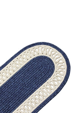 Jutty Hasır Görünümlü Jüt Dokuma Krem Lacivert Oval Dekoratif Masa Runnerı 35x135 cm Mutfak Salon