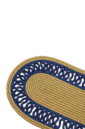 Jutty Hasır Görünümlü Jüt Dokuma Natural Lacivert Oval Dekoratif Masa Runnerı 35x135 cm Mutfak Salon