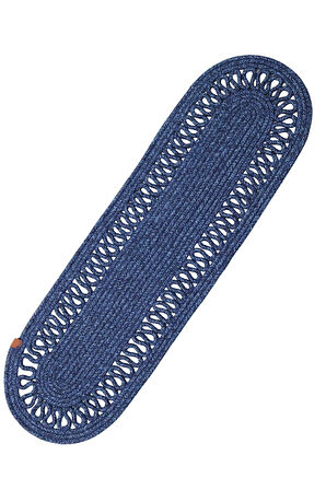 Jutty Hasır Görünümlü Jüt Dokuma Oval Lacivert Örgü Dekoratif Runner 25x90 Mutfak Salon Masa Örtüsü