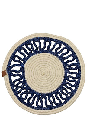 Jutty Hasır Görünümlü Jüt Dokuma Yuvarlak Krem Lacivert Örgü Dekoratif Amerikan Servis 32x32 Supla