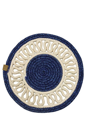 Jutty Hasır Görünümlü Jüt Dokuma Yuvarlak Lacivert Krem Örgü Dekoratif Amerikan Servis 32x32 Supla