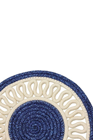 Jutty Hasır Görünümlü Jüt Dokuma Yuvarlak Lacivert Krem Örgü Dekoratif Amerikan Servis 32x32 Supla