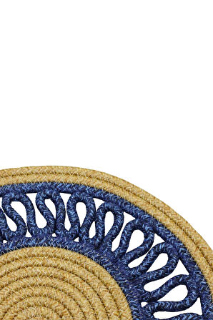 Jutty Hasır Görünümlü Jüt Dokuma Yuvarlak Natural Lacivert Dekoratif Amerikan Servis 32x32 Supla