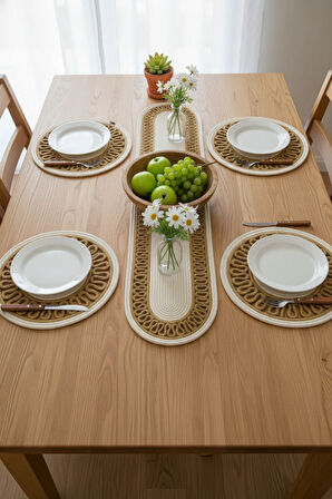 Jutty Hasır Görünümlü 5 Parça Jüt Masa Takımı Örgü Krem Natural 4’lü Amerikan Servis Supla 1 Runner