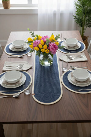 Jutty Hasır Görünümlü 5 Parça Jüt Masa Takımı Düz Krem Lacivert 4’lü Amerikan Servis Supla 1 Runner