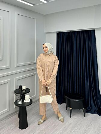 PTKM006 KUMAŞ DESENLİ BELİ LASTİKLİ PANTOLONLU TAKIM
