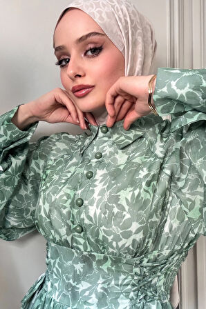 ELB018 BEL DETAYLI ÖNDEN DÜĞMELİ ELBİSE