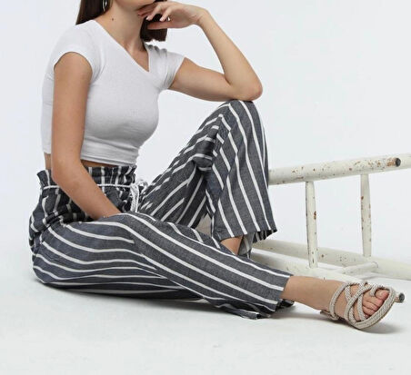 1020 ÇİZGİLİ İP KEMERLİ KETEN PANTOLON