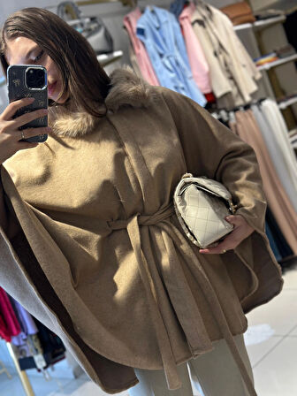 PNÇO0001 Seyyar Bağlamalı Kürk Detaylı Panço