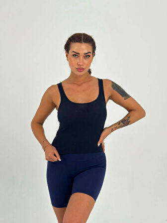 Maison La Femme Kadın Lacivert Kaşkorse Kumaş Geniş Askılı Crop Bluz