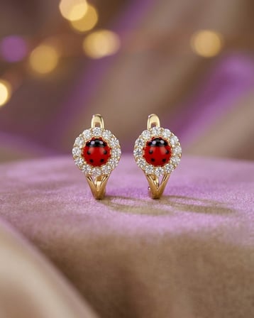 14 Ayar Altın J Küpe Uğur Böceği Taşlı 1.45gr Kadın Hediye