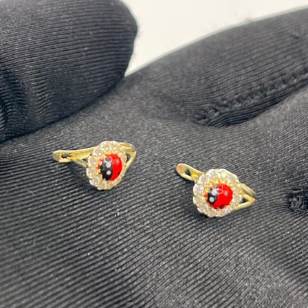 14 Ayar Altın J Küpe Uğur Böceği Taşlı 1.45gr Kadın Hediye