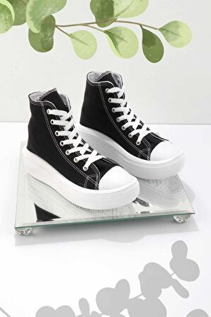 Bambi Siyah Beyaz Keten  Kadın Sneaker K01149050018