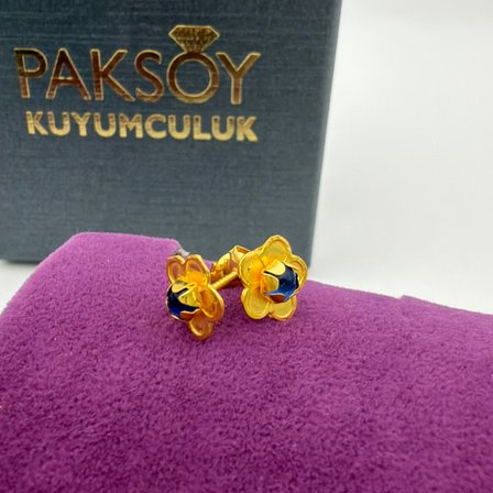 22 Ayar Altın Çocuk Küpesi Mavi Taşlı Çiçekli 1.09gr Hediye