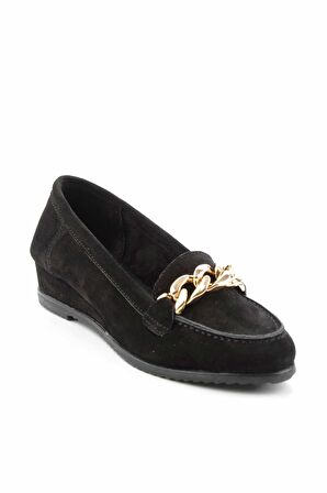 Bambi Siyah Süet Hakiki Deri Kadın Loafer Ayakkabi K01196001102