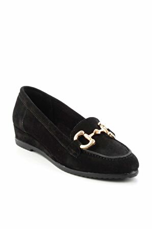 Bambi Siyah Süet Hakiki Deri Kadın Loafer Ayakkabi K01196001202