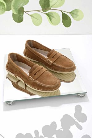 Bambi Camel Süet Hakiki Deri Kadın Loafer Ayakkabi K01224010002
