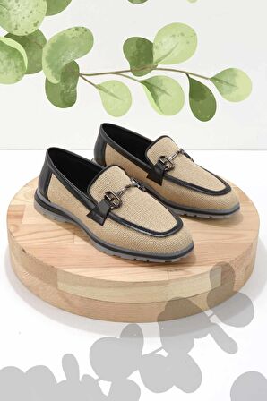 Bej Siyah Hasır  Kadın Loafer Ayakkabı K01225092628