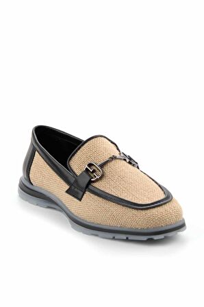 Bej Siyah Hasır  Kadın Loafer Ayakkabı K01225092628