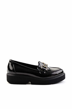 Siyah Kırışık Rugan  Kadın Loafer Ayakkabı K01257069508