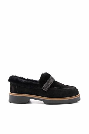 Siyah Süet Hakiki Deri Kadın Loafer Ayakkabı K01274225502