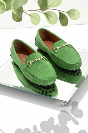 Bambi Yesil Süet Hakiki Deri Kadın Loafer Ayakkabi K01274225002
