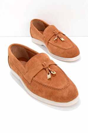 Bambi Taba Süet Hakiki Deri Kadın Loafer Ayakkabi K01274225302