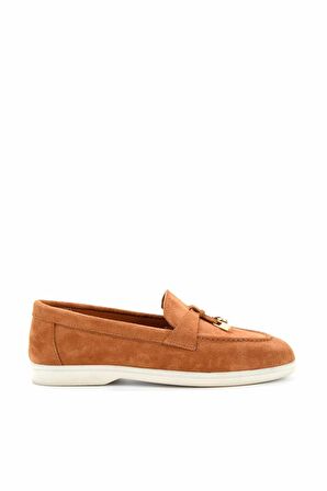 Bambi Taba Süet Hakiki Deri Kadın Loafer Ayakkabi K01274225302