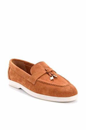 Bambi Taba Süet Hakiki Deri Kadın Loafer Ayakkabi K01274225302