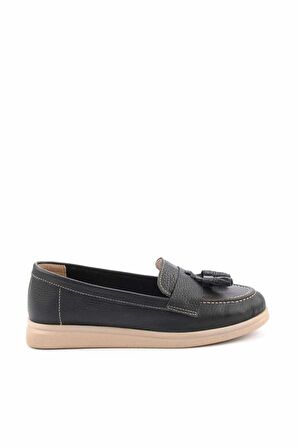 Bambi Siyah Hakiki Deri Kadın Loafer Ayakkabi K01303018003