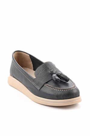 Bambi Siyah Hakiki Deri Kadın Loafer Ayakkabi K01303018003