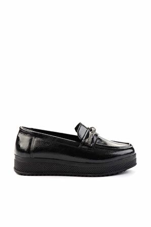 Siyah Kırışık Rugan  Kadın Loafer Ayakkabı K01311410008