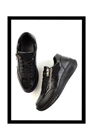 Siyah Kroko Hakiki Deri Kadın Sneaker K01331801111