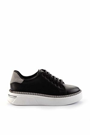 Siyah Platin Simli  Kadın Sneaker K01377023609