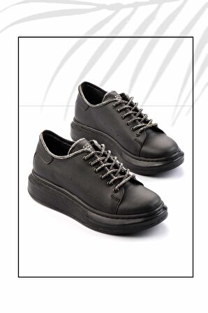 Siyah Platin Taşlı  Kadın Sneaker K01449057609