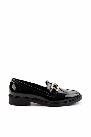 Siyah Kırışık Rugan  Kadın Loafer Ayakkabı K01474091308
