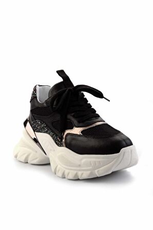 Siyah Siyah File Hakiki Deri Kadın Sneaker K01480004503
