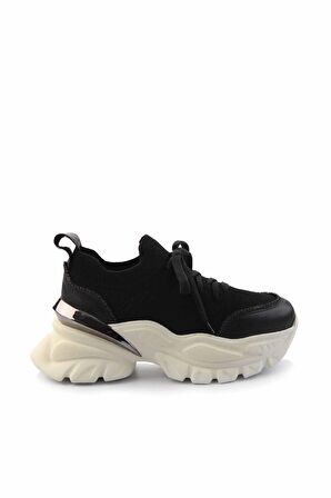 Siyah Siyah Triko Hakiki Deri Kadın Sneaker K01480004903