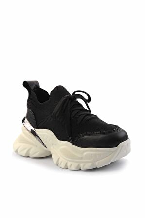 Siyah Siyah Triko Hakiki Deri Kadın Sneaker K01480004903