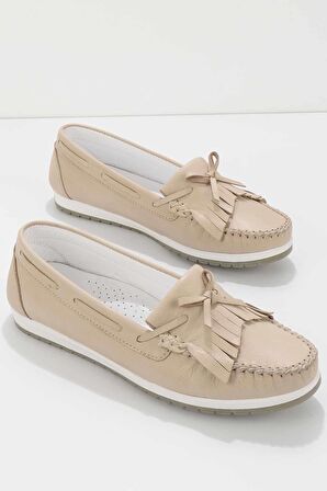 Bambi Bej Hakiki Deri Kadın Loafer Ayakkabi K01529620703