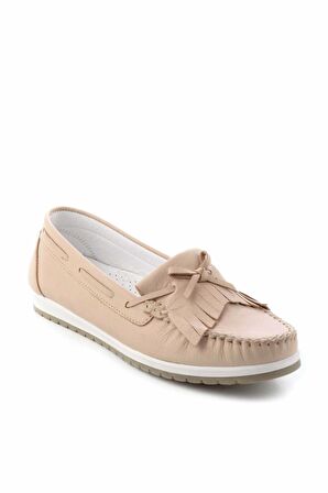 Bambi Bej Hakiki Deri Kadın Loafer Ayakkabi K01529620703