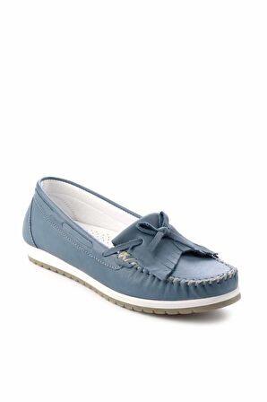 Bambi Kot Mavi Hakiki Deri Kadın Loafer Ayakkabi K01529620703