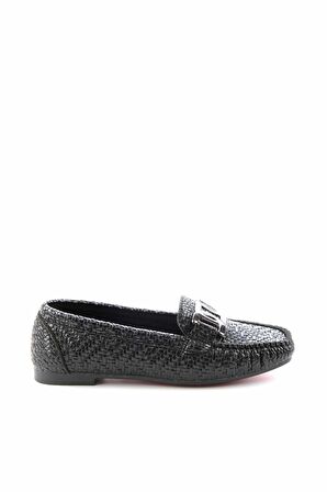 Bambi Siyah Baski Detayli  Kadın Loafer Ayakkabi K01542166410