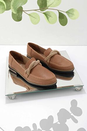 Bambi Taba Hakiki Deri Kadın Loafer Ayakkabi K01586213303