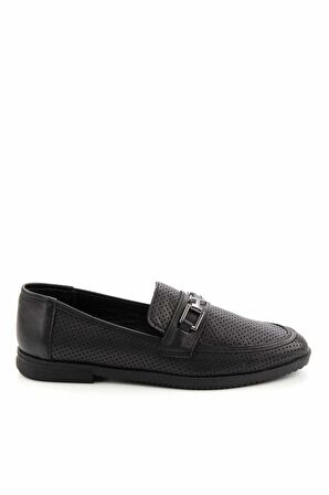 Bambi Siyah Hakiki Deri Kadın Loafer Ayakkabi K01586213603