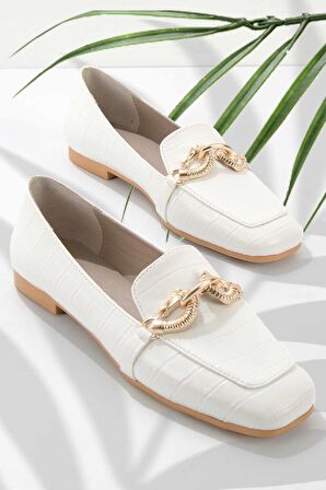 Bambi Beyaz Kroko  Kadın Loafer Ayakkabi K01641166211