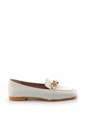 Bambi Beyaz Kroko  Kadın Loafer Ayakkabi K01641166211
